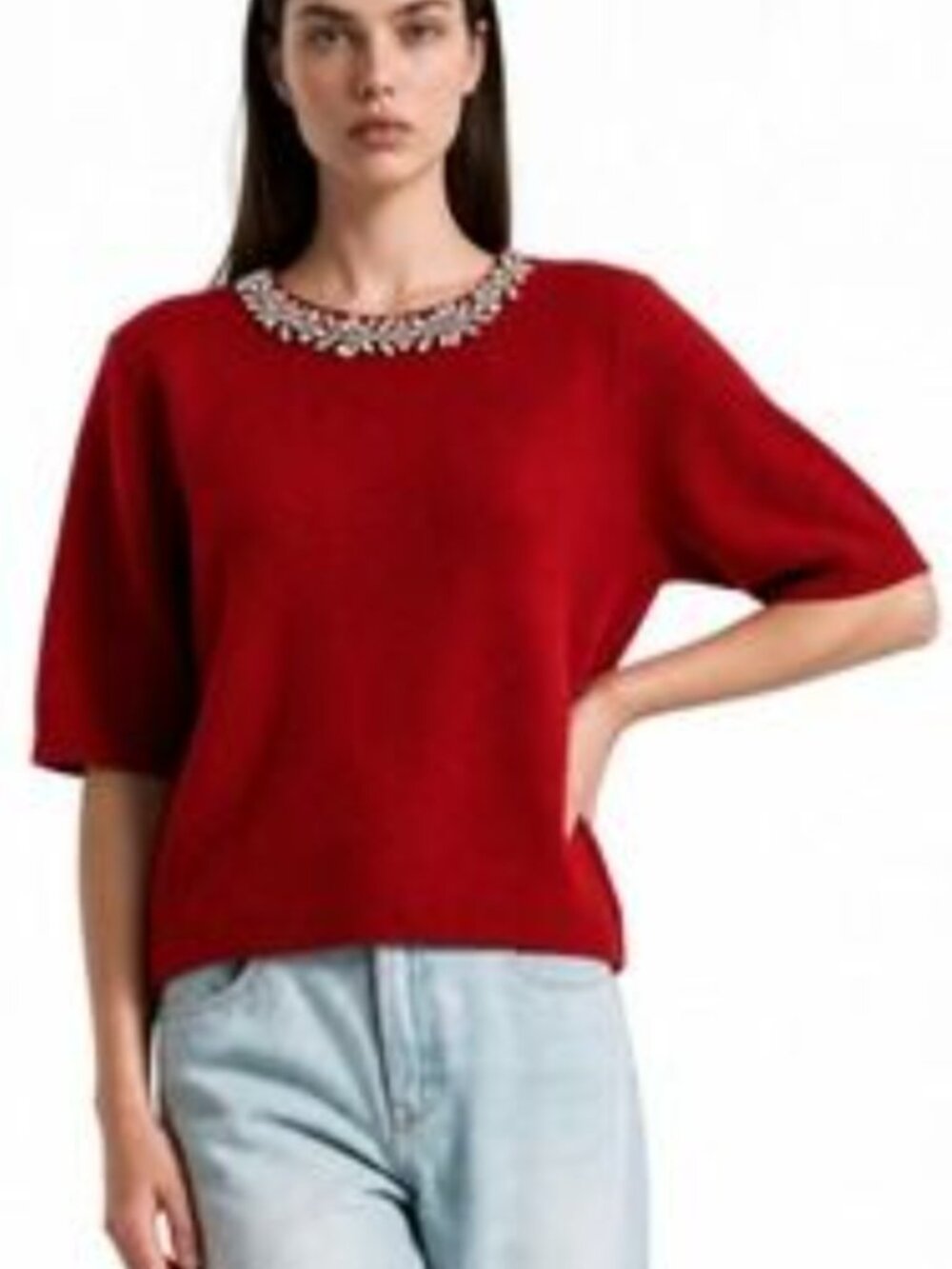Antonio Melani Kourtney Wool Blend Jeweled Crew Neck Sweater – Red – Size L (BNW